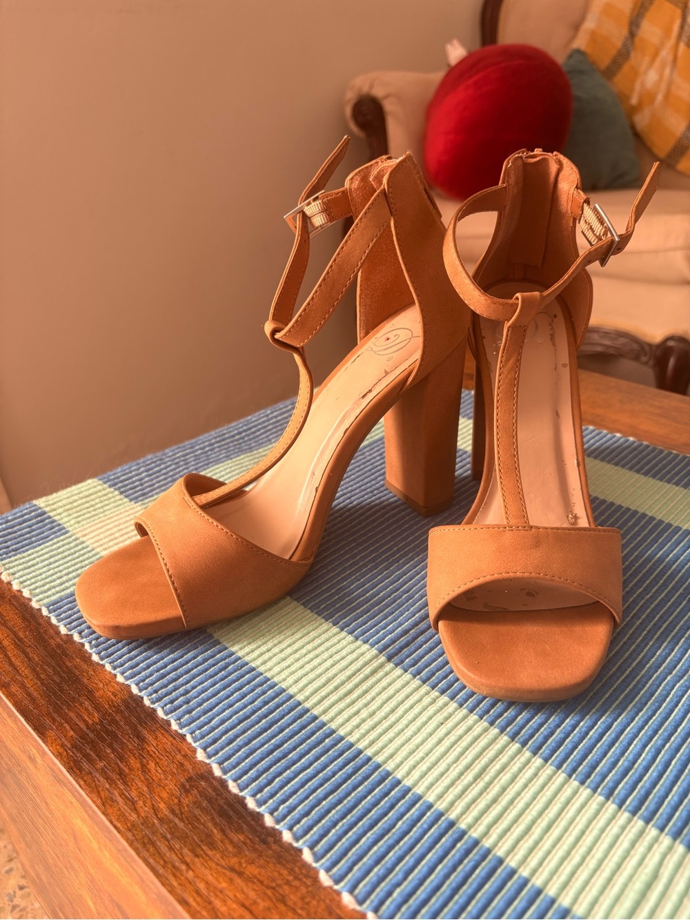 Nude T-Strap Block Heels